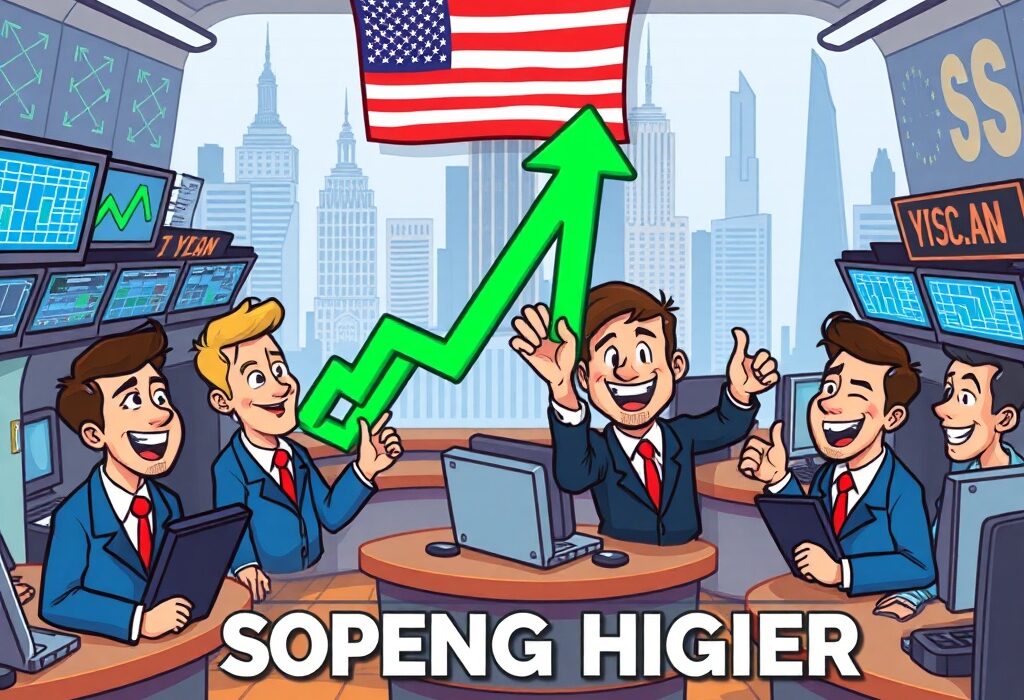 A cartoon illustration showing upward trending charts and cheerful investors, conveying positive U.S. stock market performance.