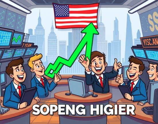 A cartoon illustration showing upward trending charts and cheerful investors, conveying positive U.S. stock market performance.