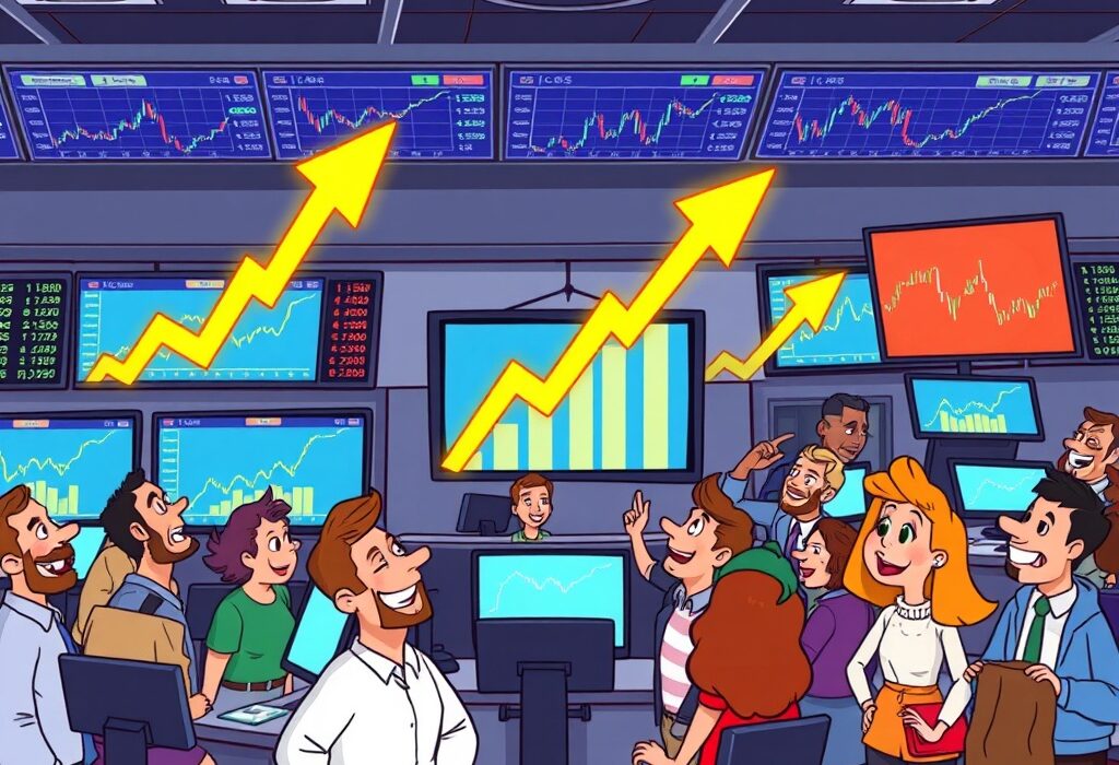 A vibrant illustration showing U.S. stock markets experiencing a positive market open, indicating strong investor sentiment.