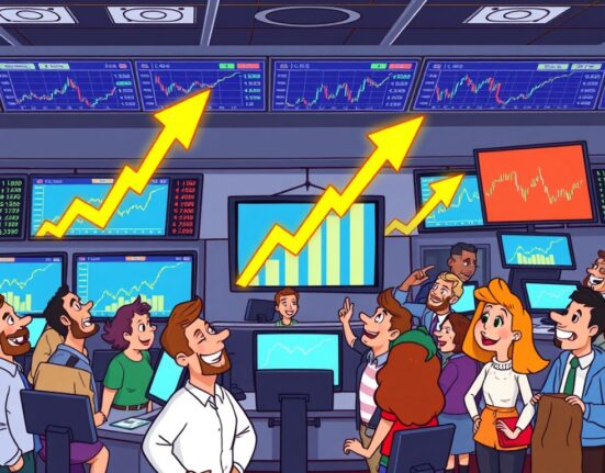 A vibrant illustration showing U.S. stock markets experiencing a positive market open, indicating strong investor sentiment.