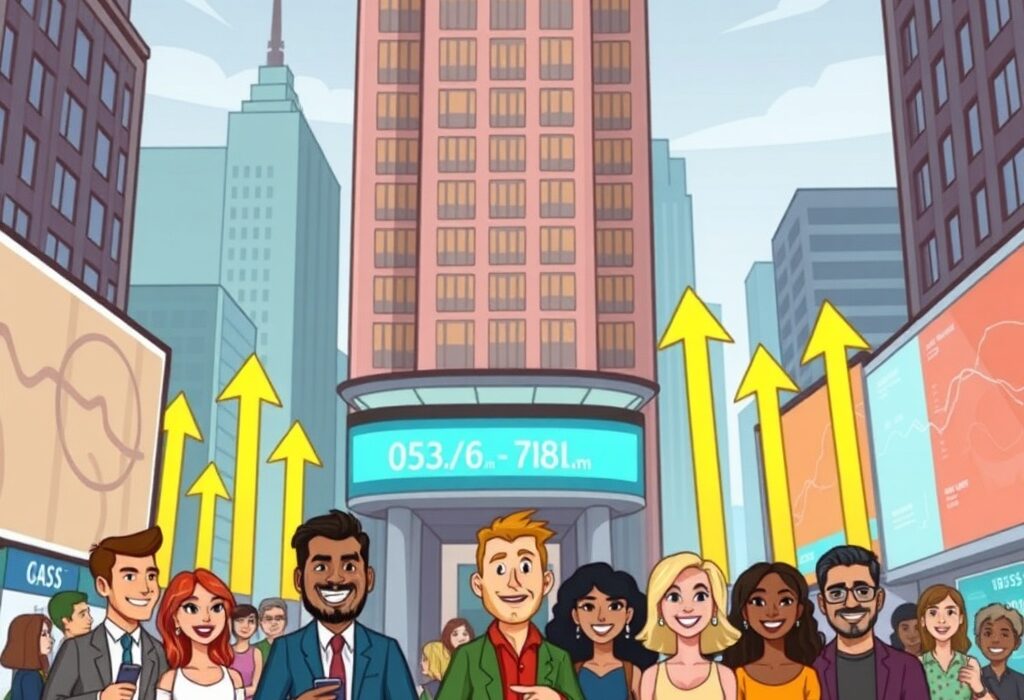 A vibrant cartoon illustration showing positive U.S. stock markets performance with upward arrows and cheerful investors, symbolizing a strong stock market opening.
