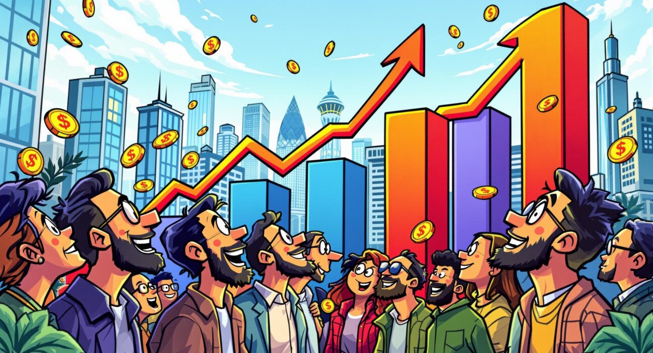 A vibrant cartoon illustration showing U.S. stock markets soaring, symbolizing a positive economic outlook.