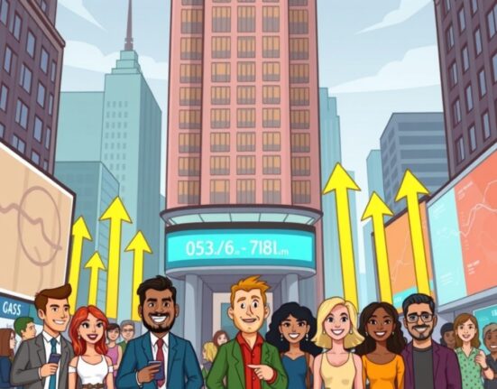 Cartoon showing U.S. stock markets rising, indicating a positive market rally and strong investor sentiment for financial markets.