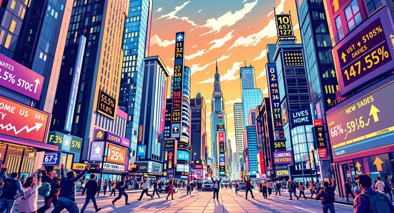 An animated scene showing a positive performance for US Stock Markets, symbolizing investor confidence and economic growth.