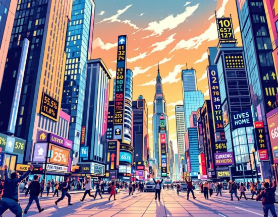 An animated scene showing a positive performance for US Stock Markets, symbolizing investor confidence and economic growth.