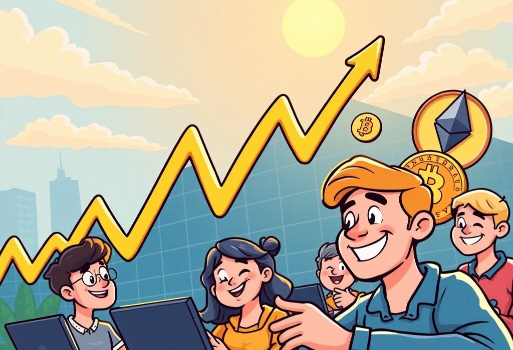 A vibrant cartoon illustration showing the positive U.S. stock rally and its potential impact on cryptocurrency markets.