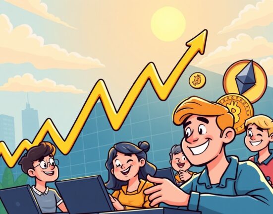 A vibrant cartoon illustration showing the positive U.S. stock rally and its potential impact on cryptocurrency markets.