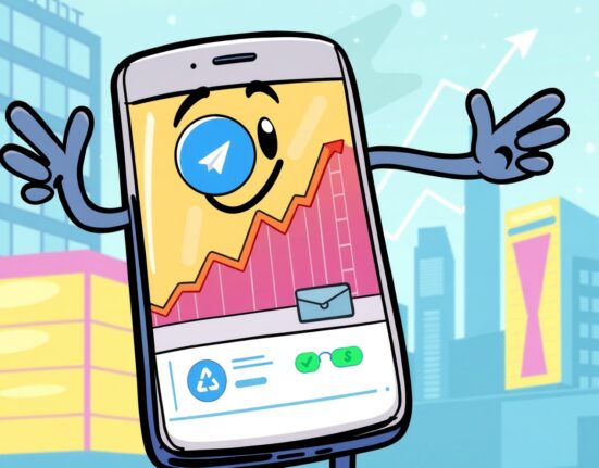 Cartoon illustration showing US stock trading on Telegram via a smartphone with graphs and a digital wallet.