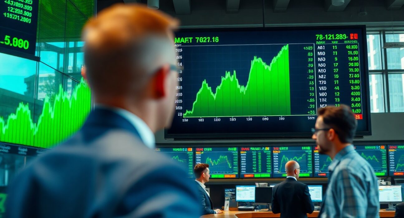 Stock market display showing green gains on a trading floor