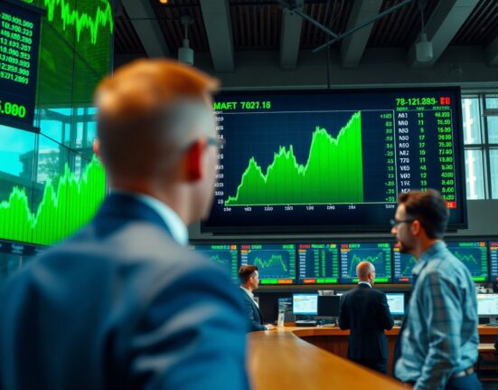 Stock market display showing green gains on a trading floor