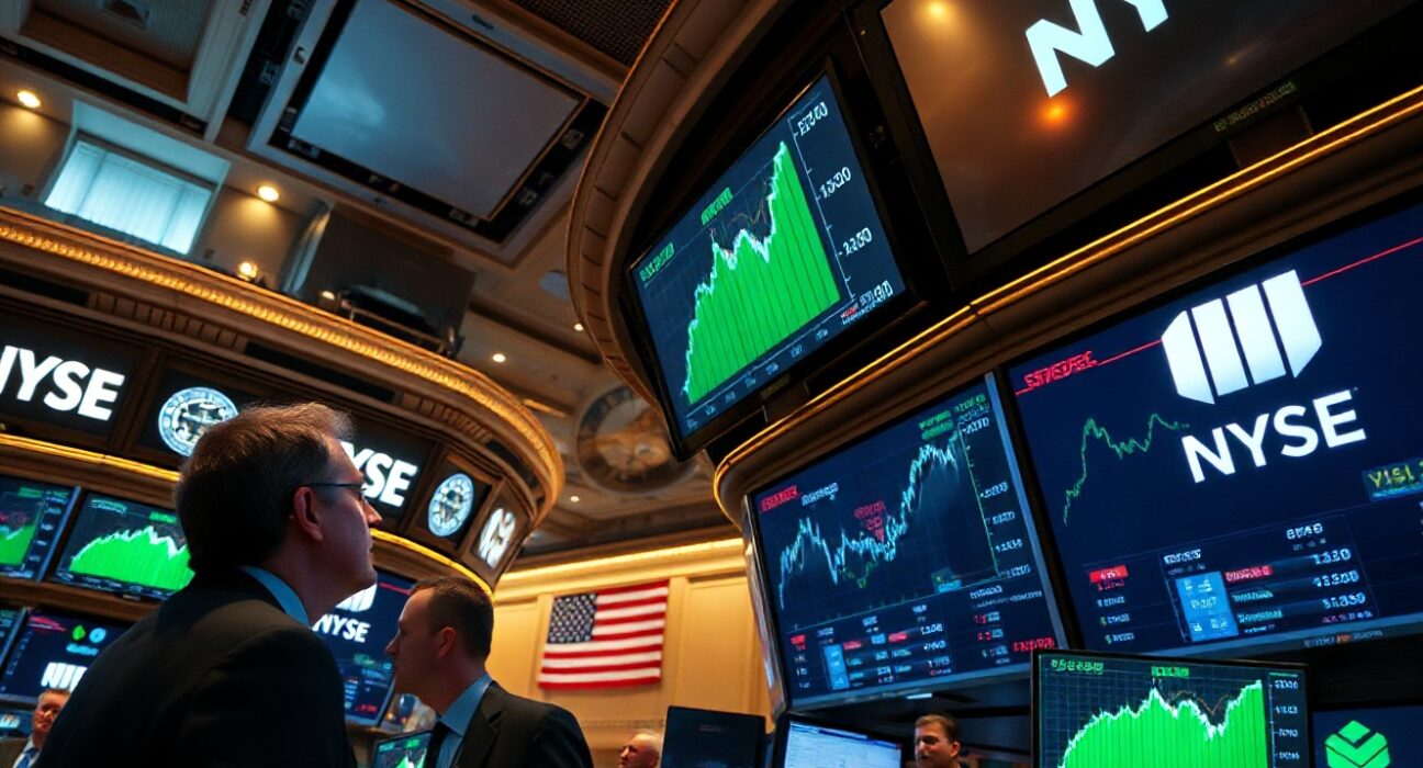 Traders on the NYSE floor watching green screens during a market rally