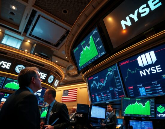 Traders on the NYSE floor watching green screens during a market rally