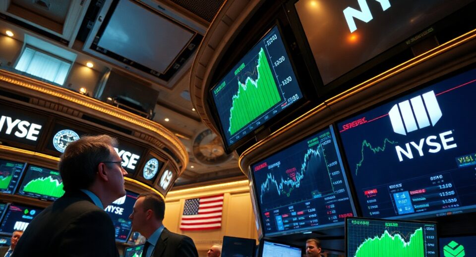 Traders on the NYSE floor watching green screens during a market rally