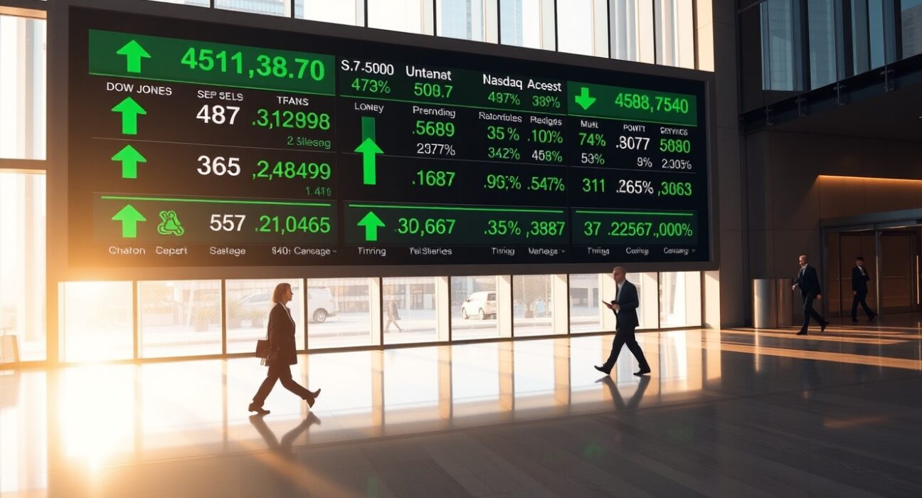 Stock market board displaying green arrows and positive gains for major US indices