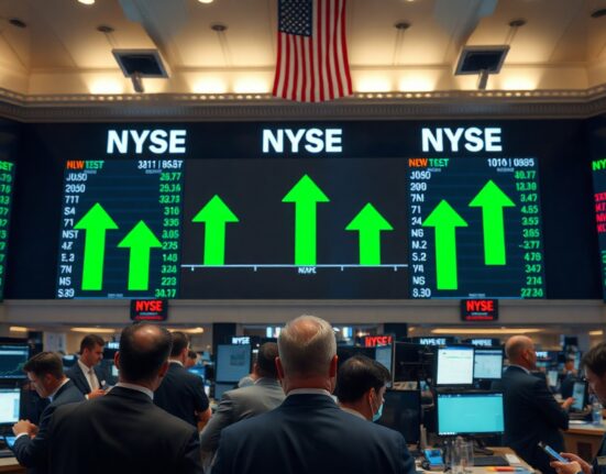 Stock market board displaying green arrows and positive gains for major US indices