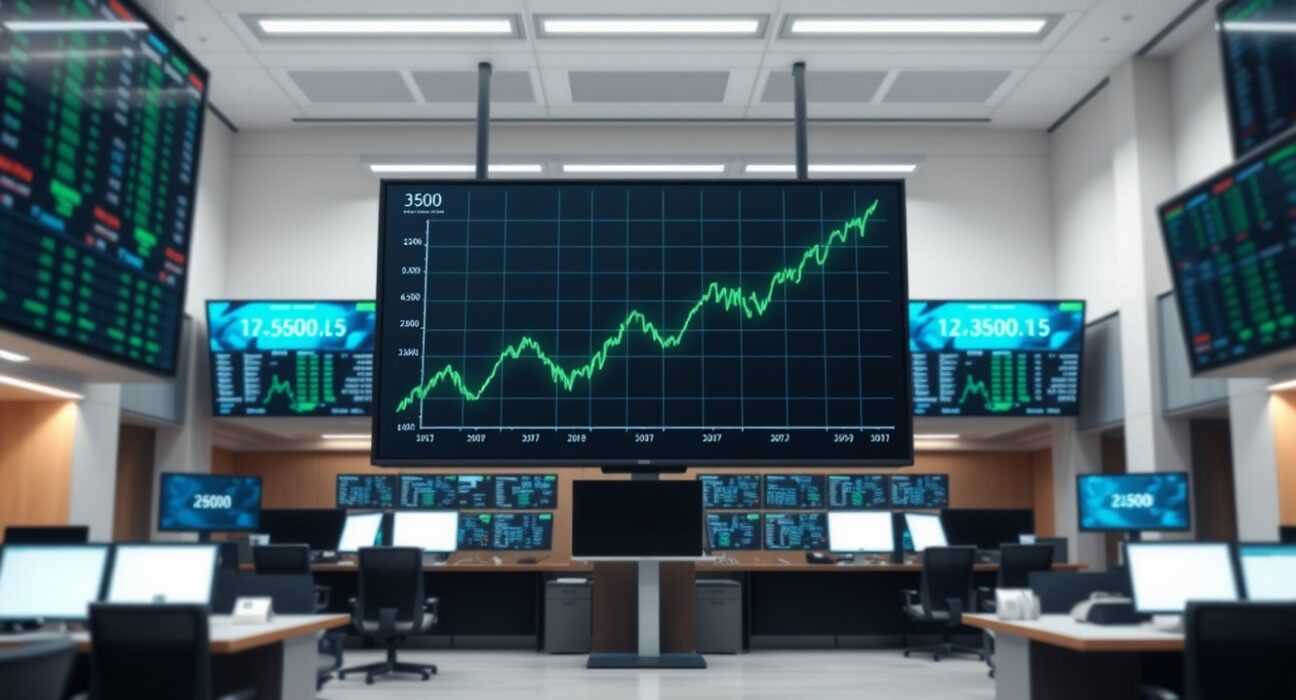 Financial data screen showing gains for the S&P 500, Nasdaq, and Dow Jones indices.