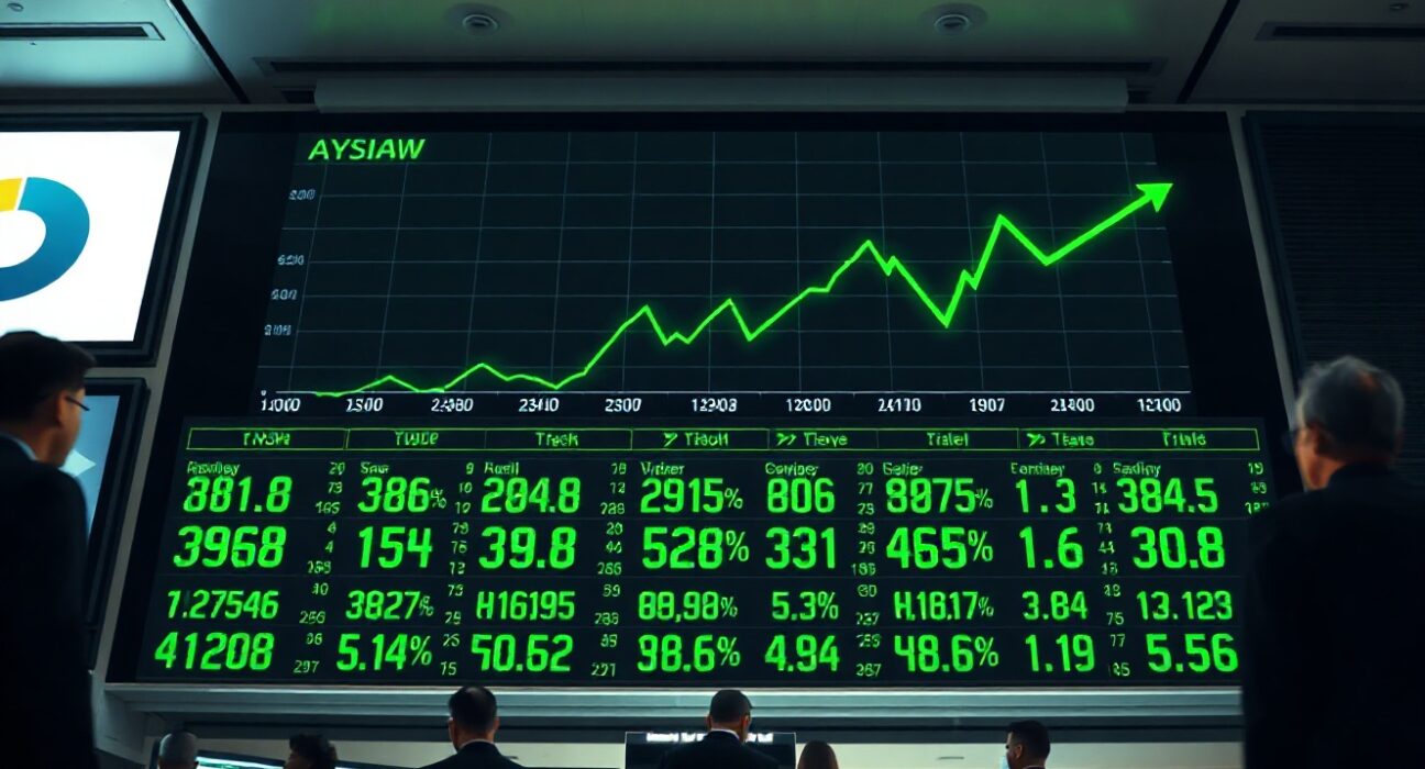 Stock market display board showing green upward-trending numbers on a trading floor
