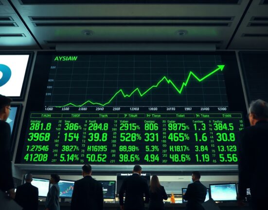Stock market display board showing green upward-trending numbers on a trading floor