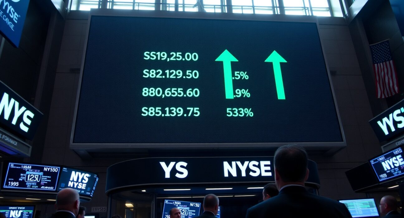 NYSE trading floor with green ticker showing stock market gains