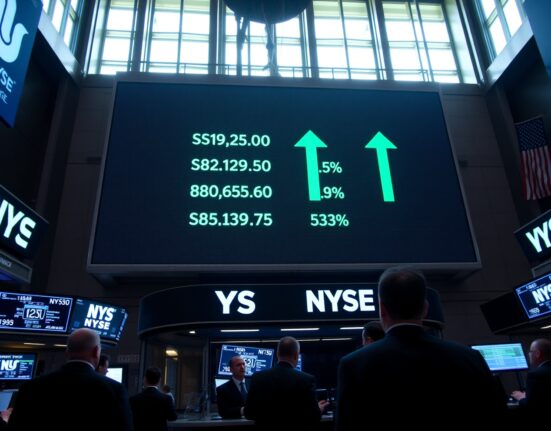NYSE trading floor with green ticker showing stock market gains