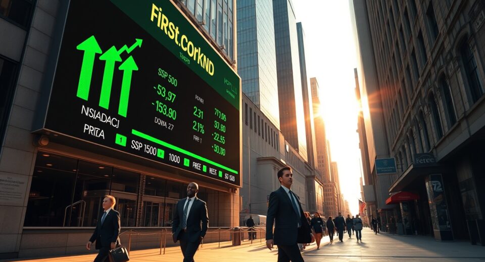 Stock market ticker board displaying green arrows and positive gains for major US indices