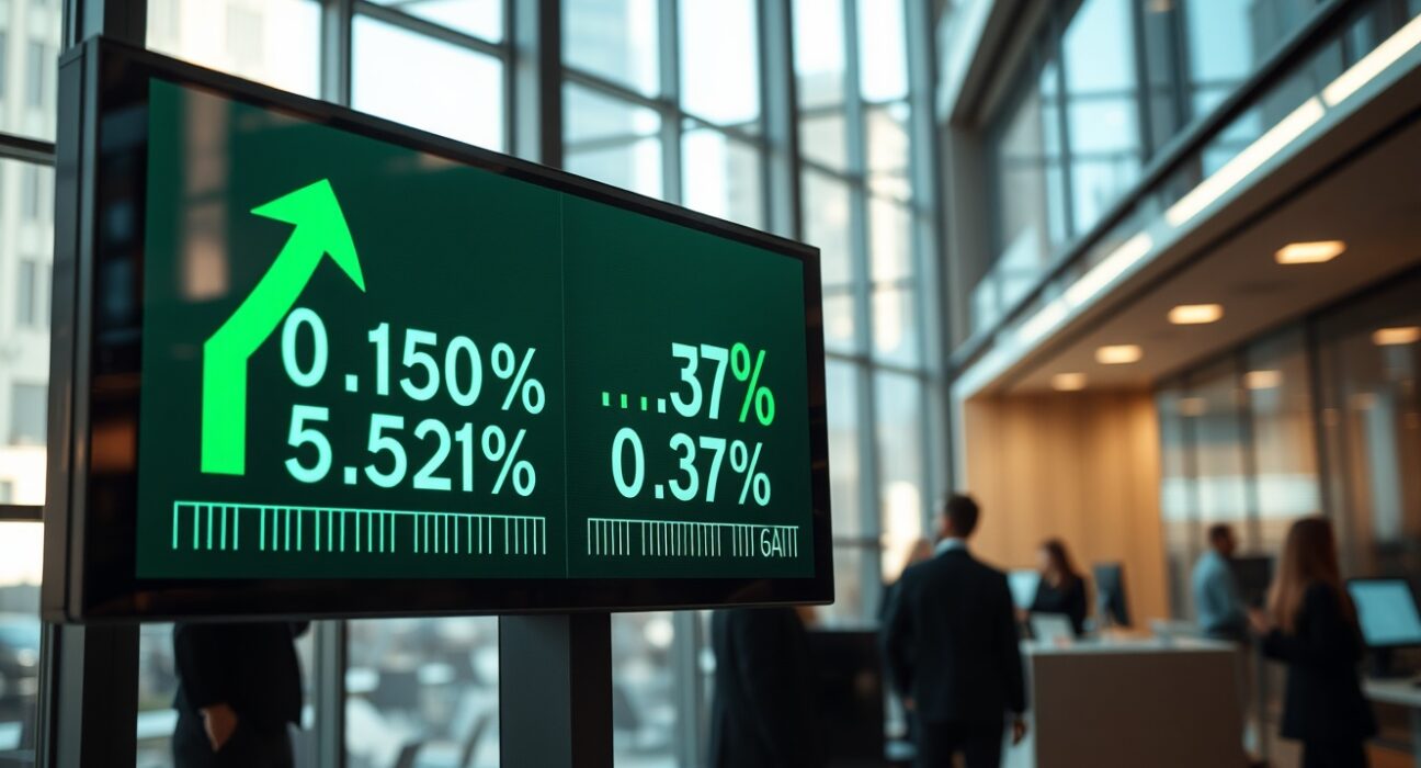 Stock market display showing green gains for S&P 500, Nasdaq, and Dow Jones