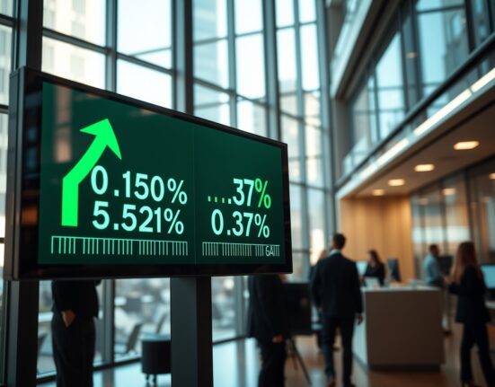 Stock market display showing green gains for S&P 500, Nasdaq, and Dow Jones