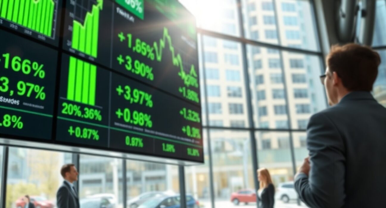 Digital stock market display showing green upward trending graphs and positive percentage changes in a modern financial office