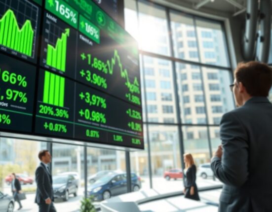 Digital stock market display showing green upward trending graphs and positive percentage changes in a modern financial office
