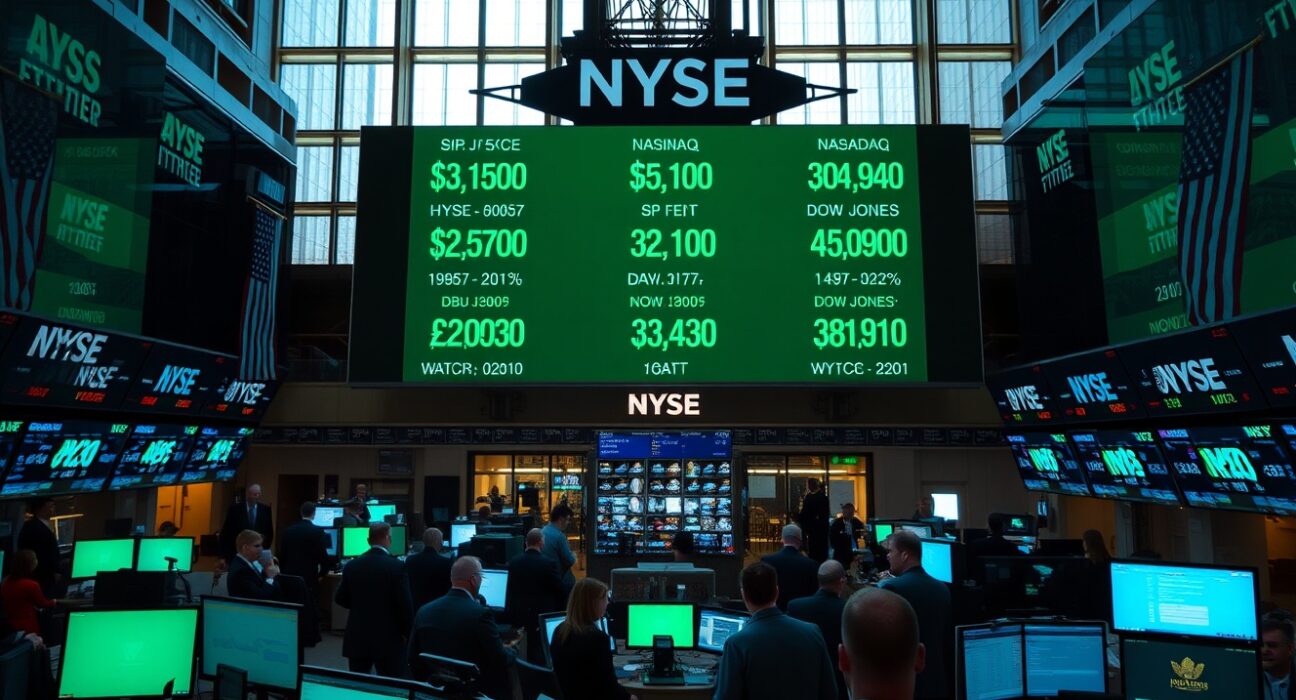 NYSE trading floor with green ticker showing S&P 500, Nasdaq, and Dow Jones gains
