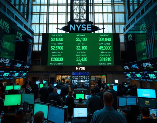 NYSE trading floor with green ticker showing S&P 500, Nasdaq, and Dow Jones gains
