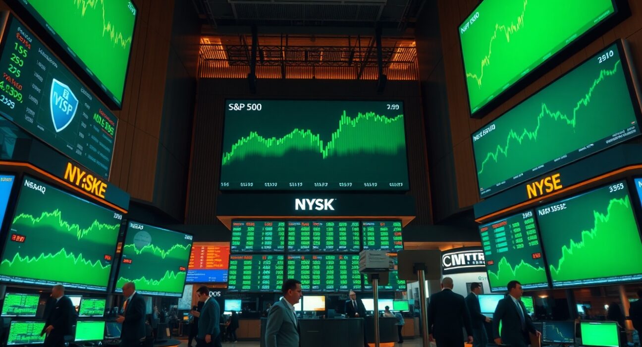 Stock exchange trading floor with green screens showing S&P 500, Nasdaq, and Dow Jones indices closing higher