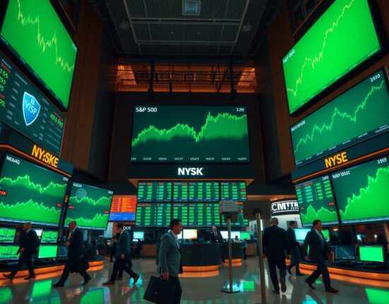 Stock exchange trading floor with green screens showing S&P 500, Nasdaq, and Dow Jones indices closing higher
