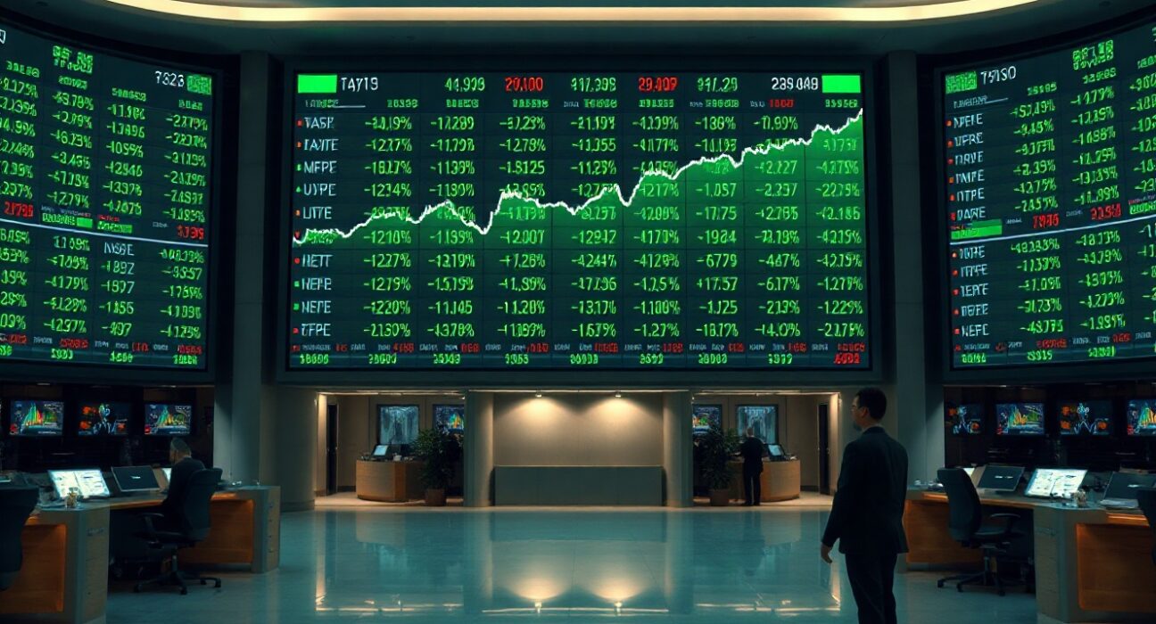 Digital stock market board showing green upward charts on a trading floor