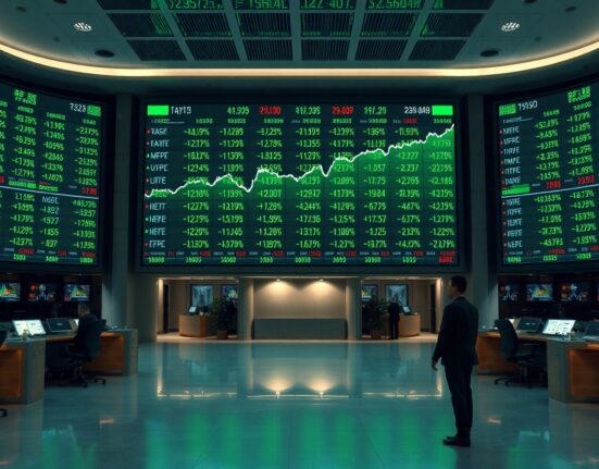 Digital stock market board showing green upward charts on a trading floor