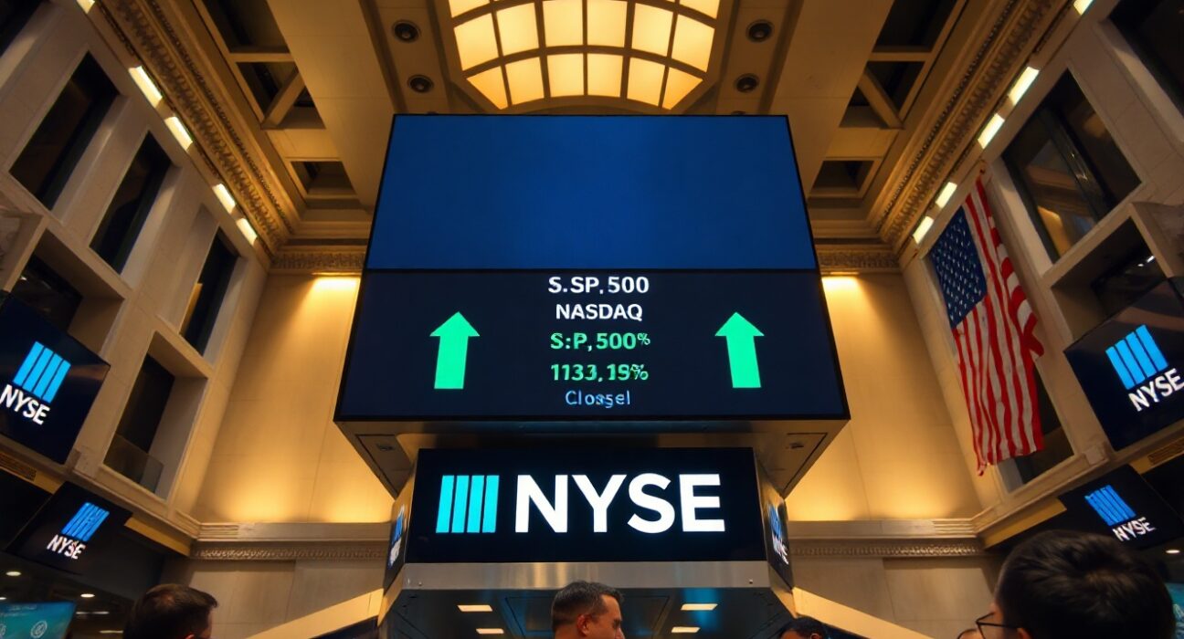 NYSE trading floor with green display board showing S&P 500, Nasdaq, and Dow Jones gains