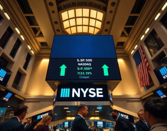 NYSE trading floor with green display board showing S&P 500, Nasdaq, and Dow Jones gains