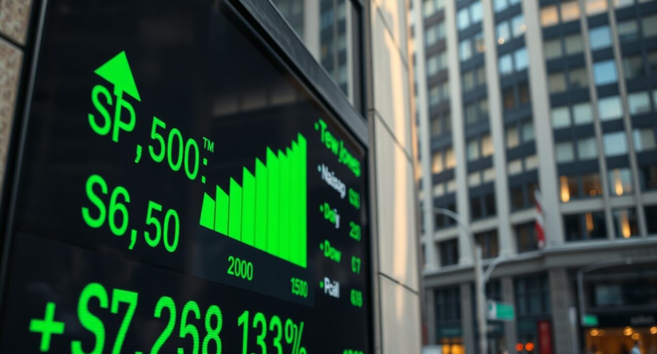 Stock market ticker board showing green gains for S&P 500, Nasdaq, and Dow Jones indices