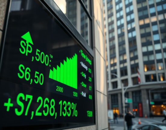 Stock market ticker board showing green gains for S&P 500, Nasdaq, and Dow Jones indices