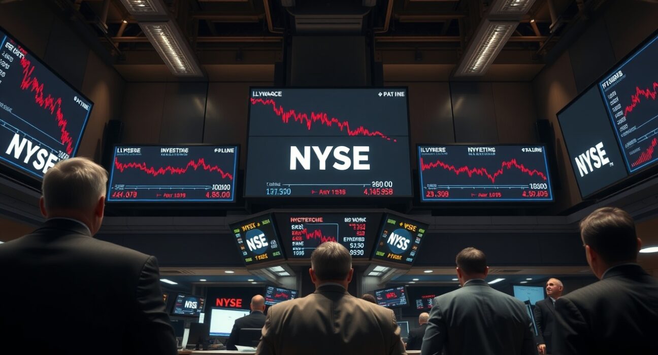 US stocks close lower as traders watch red screens at the New York Stock Exchange during a market decline.