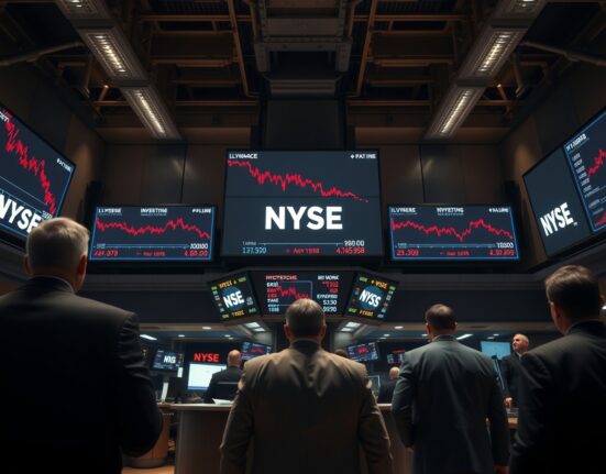 US stocks close lower as traders watch red screens at the New York Stock Exchange during a market decline.