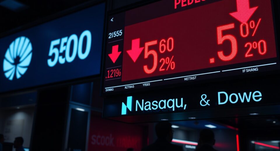 Stock market board displaying red downward arrows and negative percentages for S&P 500, Nasdaq, and Dow Jones.