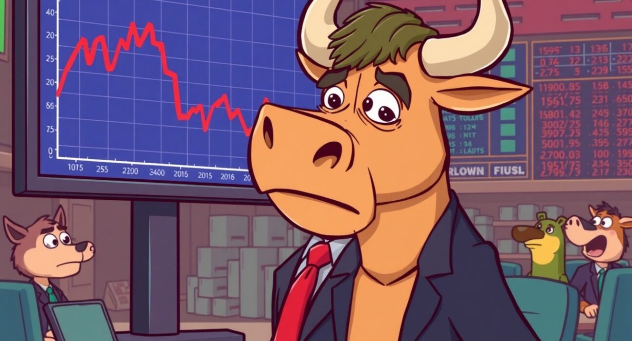 Cartoon illustration of a worried bull watching US stocks close lower on a vibrant trading floor.