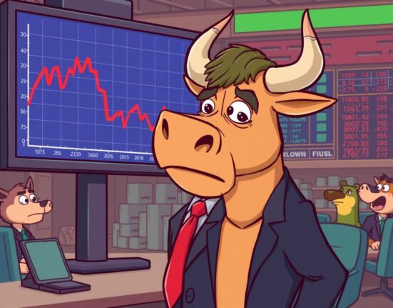 Cartoon illustration of a worried bull watching US stocks close lower on a vibrant trading floor.