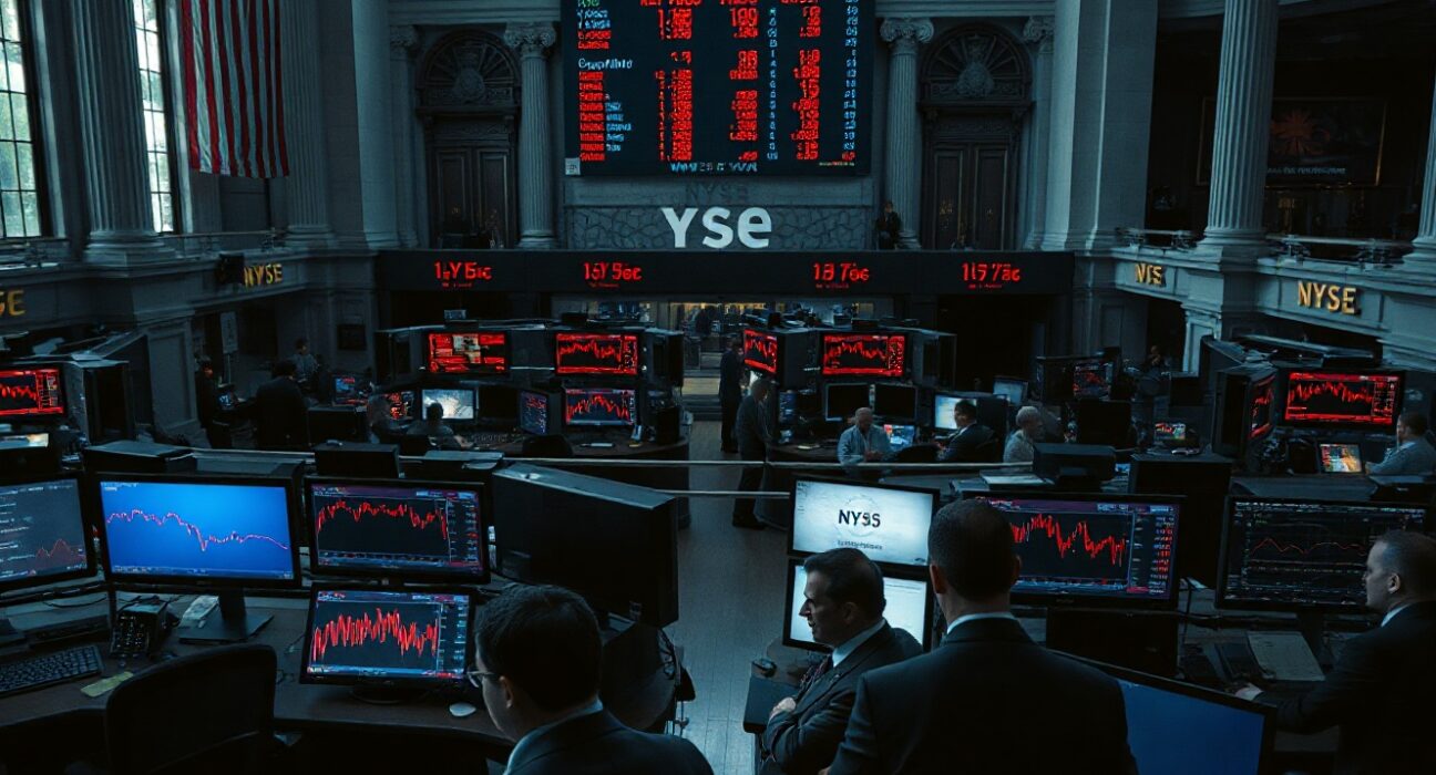 New York Stock Exchange trading floor with red screens during a market sell-off