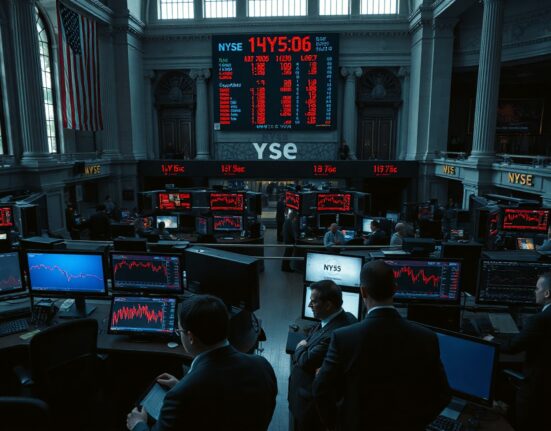 New York Stock Exchange trading floor with red screens during a market sell-off
