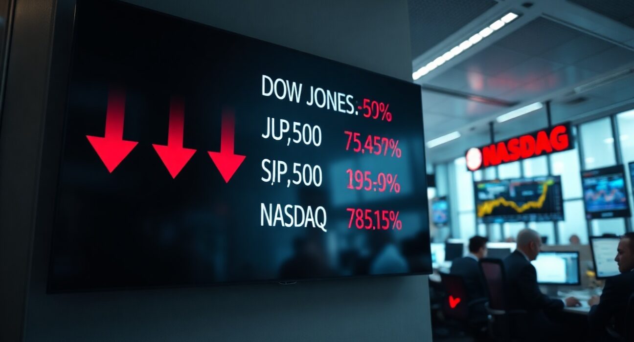 Stock market board showing red declines for Dow Jones, S&P 500, and Nasdaq indices