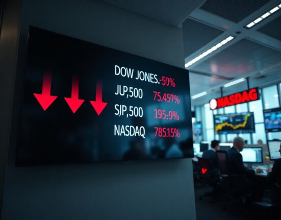 Stock market board showing red declines for Dow Jones, S&P 500, and Nasdaq indices