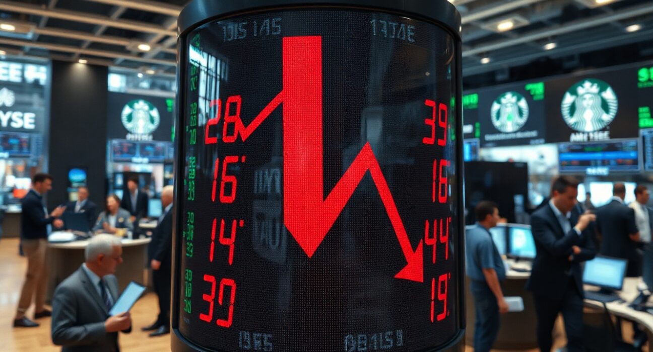 Stock market display showing red numbers and downward arrow at a trading floor