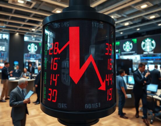 Stock market display showing red numbers and downward arrow at a trading floor